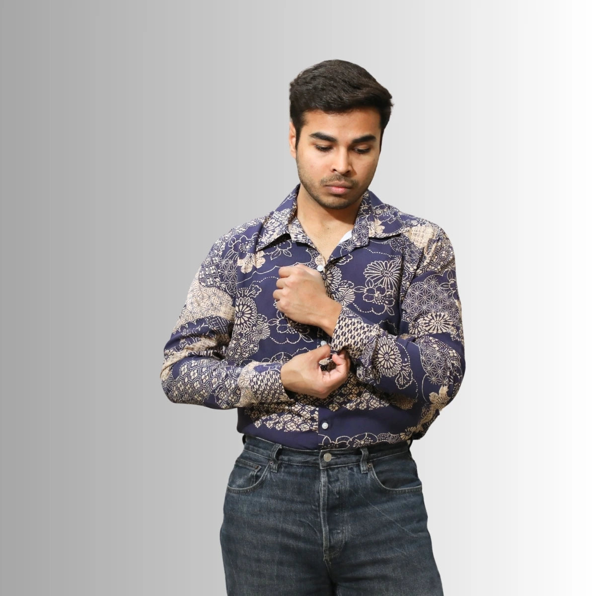 Men's Navy Floral Print Shirt | Indigo & Cream Traditional Design