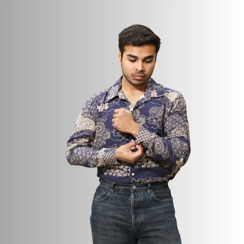 Men's Navy Floral Print Shirt | Indigo & Cream Traditional Design