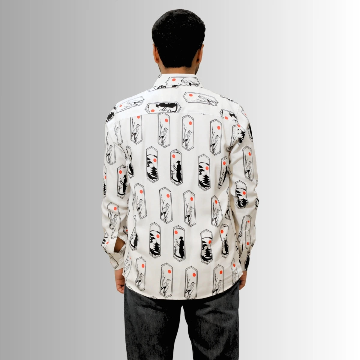 Men's White Japanese Print Shirt | Paneled Cultural Illustration Design