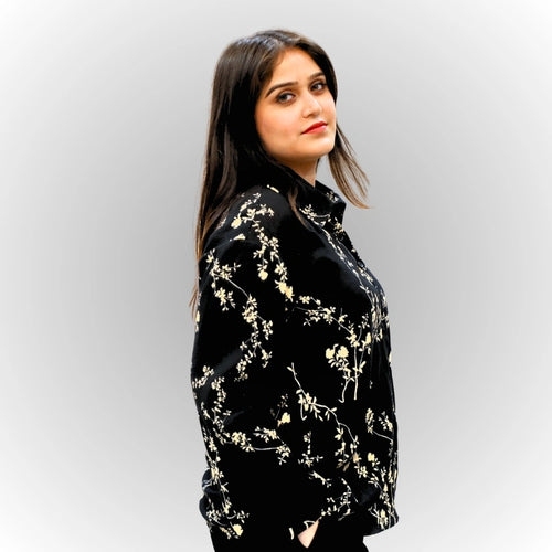 Women's Black Floral Print Shirt | Frill Sleeve Cotton Blouse