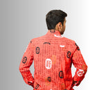 Men's Crimson Red Calligraphy Print Shirt | Geometric Seal Design