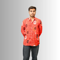 Men's Crimson Red Calligraphy Print Shirt | Geometric Seal Design
