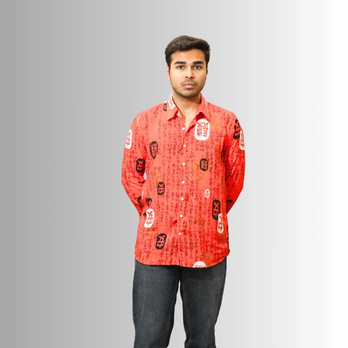 Men's Crimson Red Calligraphy Print Shirt | Geometric Seal Design