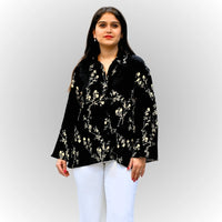 Women's Black Floral Print Shirt | Frill Sleeve Cotton Blouse