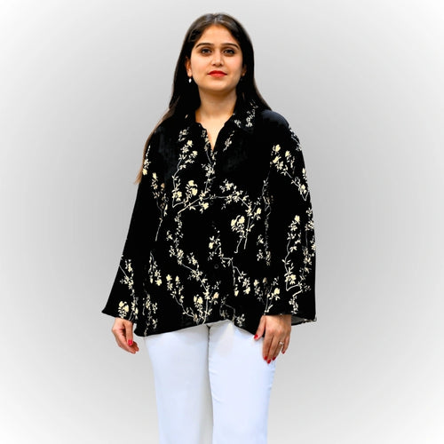 Women's Black Floral Print Shirt | Frill Sleeve Cotton Blouse