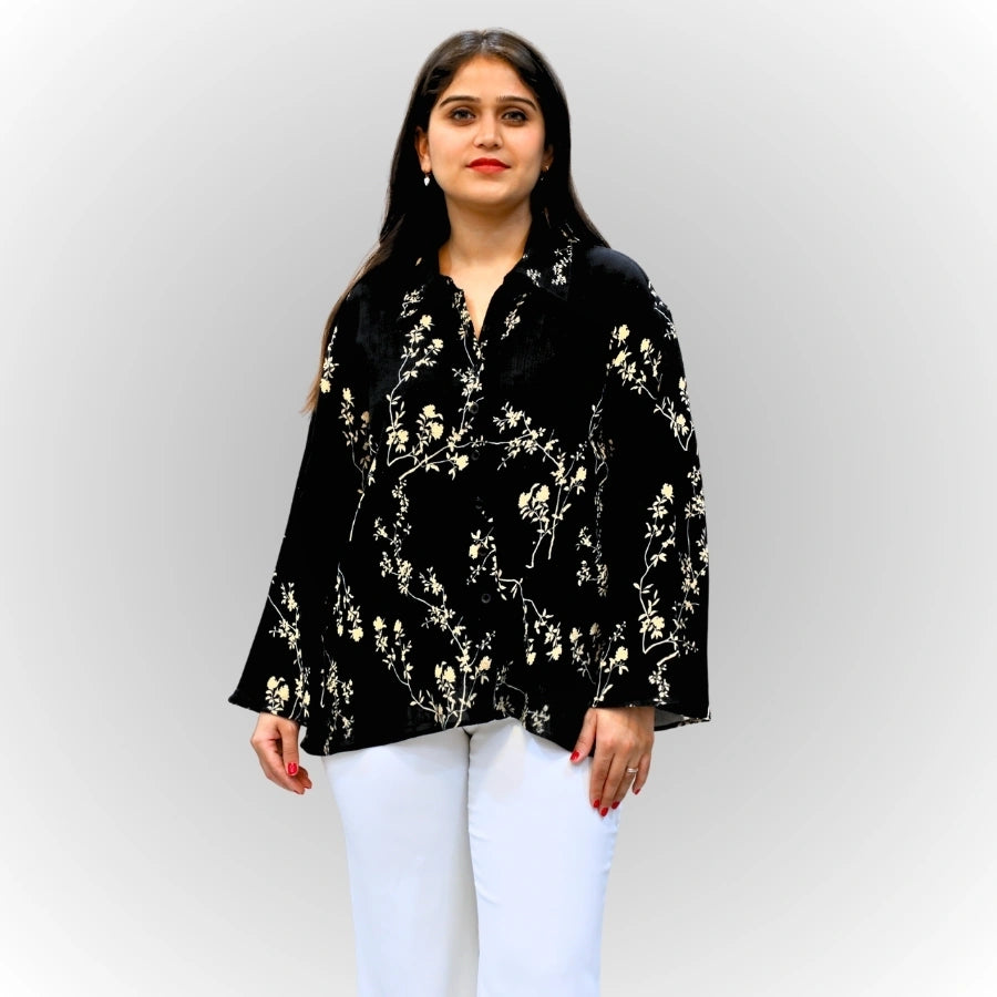 Women's Black Floral Print Shirt | Frill Sleeve Cotton Blouse