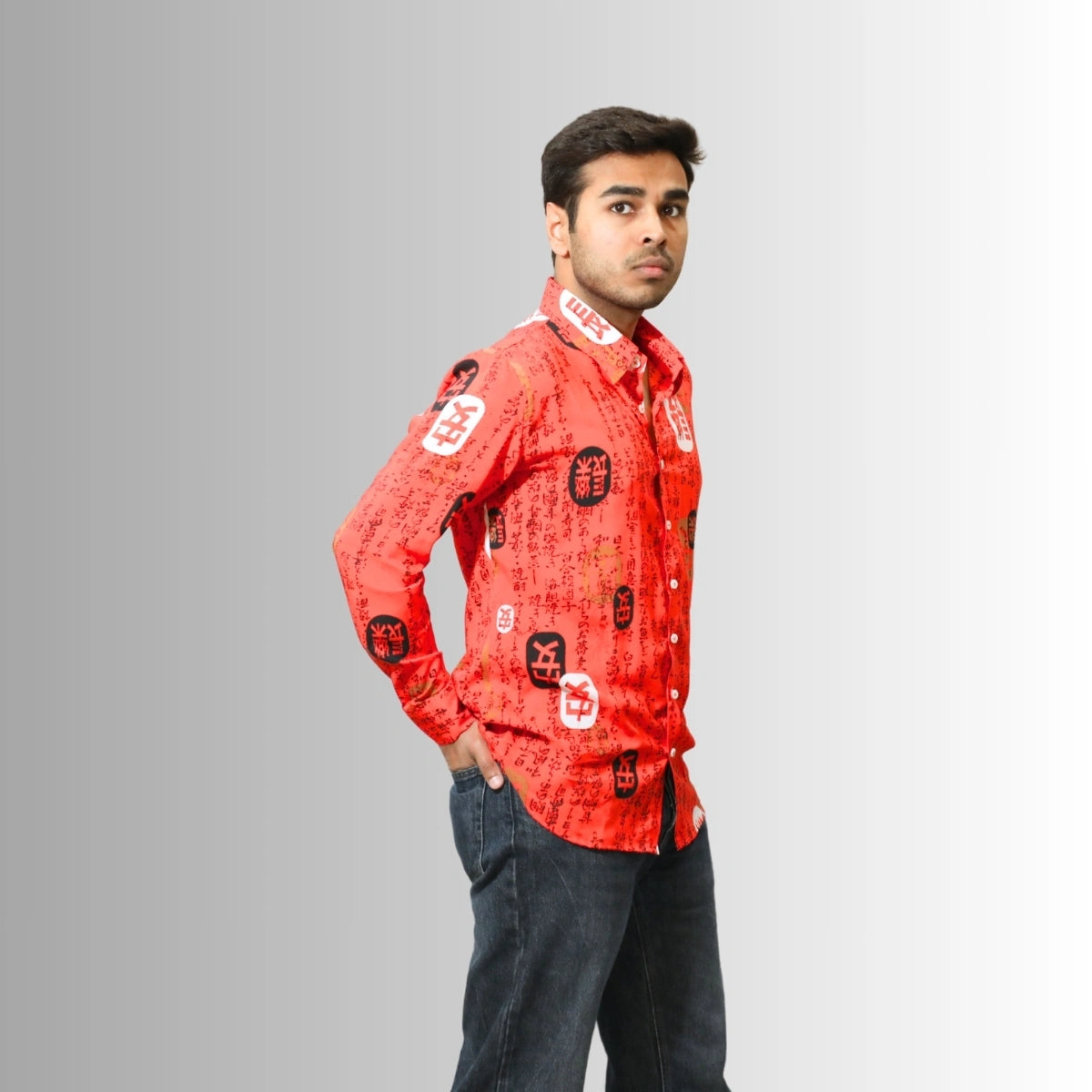 Men's Crimson Red Calligraphy Print Shirt | Geometric Seal Design