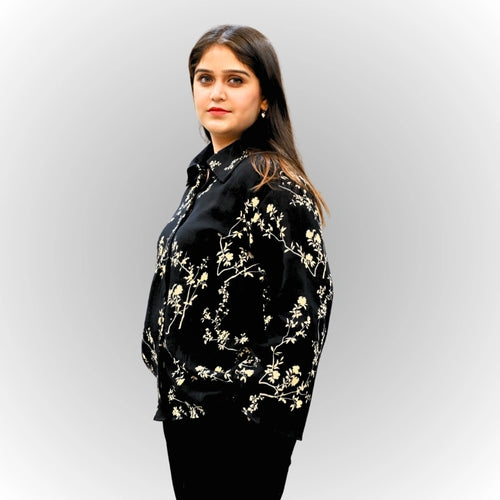 Women's Black Floral Print Shirt | Frill Sleeve Cotton Blouse