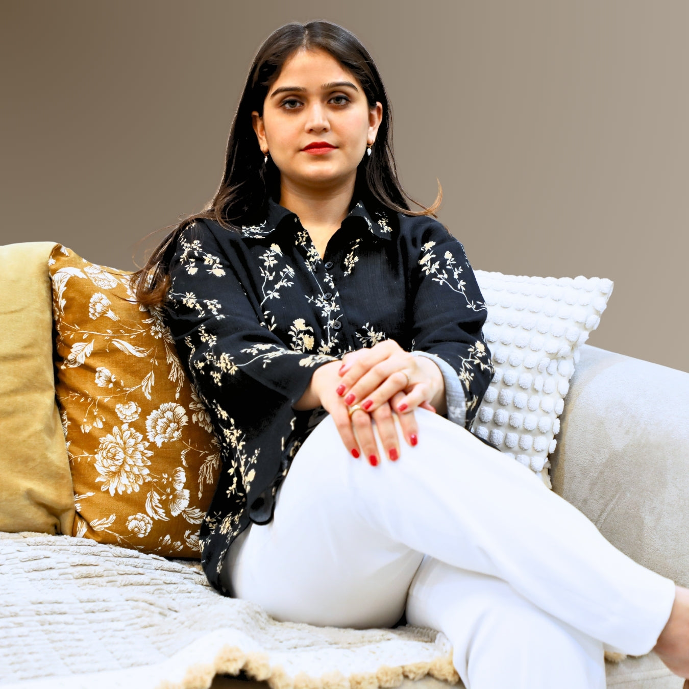 Black-Beige Floral Print Shirt