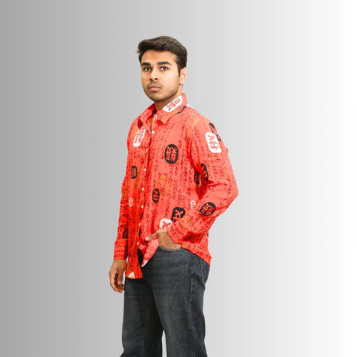 Men's Crimson Red Calligraphy Print Shirt | Geometric Seal Design