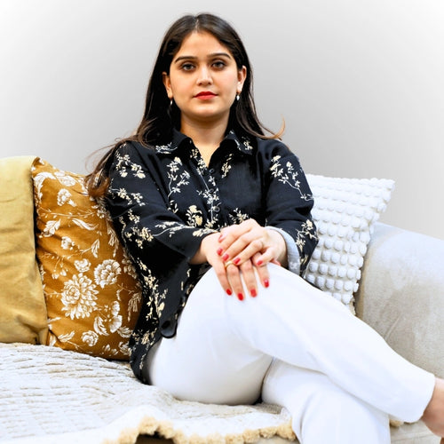 Women's Black Floral Print Shirt | Frill Sleeve Cotton Blouse