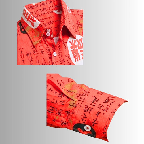 Men's Crimson Red Calligraphy Print Shirt | Geometric Seal Design