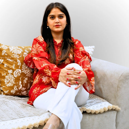 Women's Red Floral Print Shirt | Ruffle Sleeve & Collar Cotton Blouse