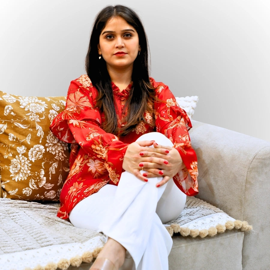 Women's Red Floral Print Shirt | Ruffle Sleeve & Collar Cotton Blouse