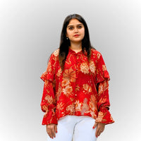 Women's Red Floral Print Shirt | Ruffle Sleeve & Collar Cotton Blouse
