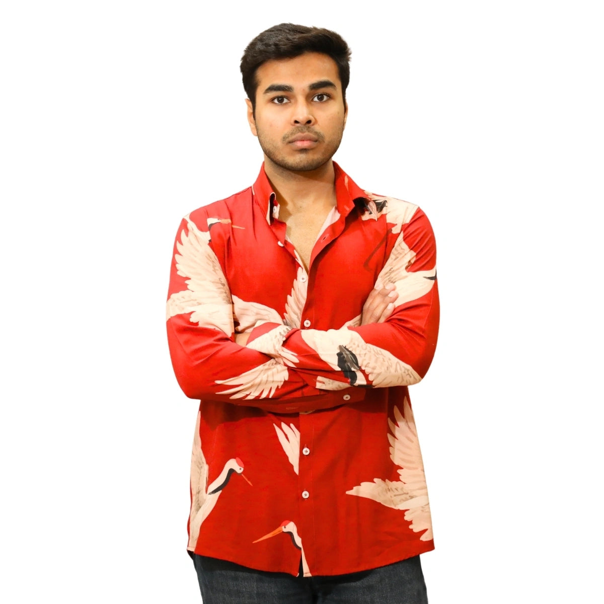 Deep Red Swan Print Resort Shirt