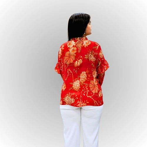 Women's Red Floral Print Shirt | Ruffle Sleeve & Collar Cotton Blouse
