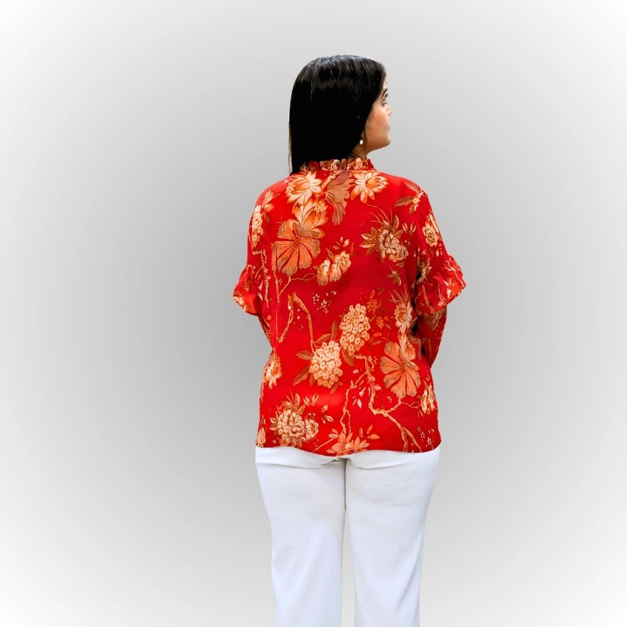 Women's Red Floral Print Shirt | Ruffle Sleeve & Collar Cotton Blouse
