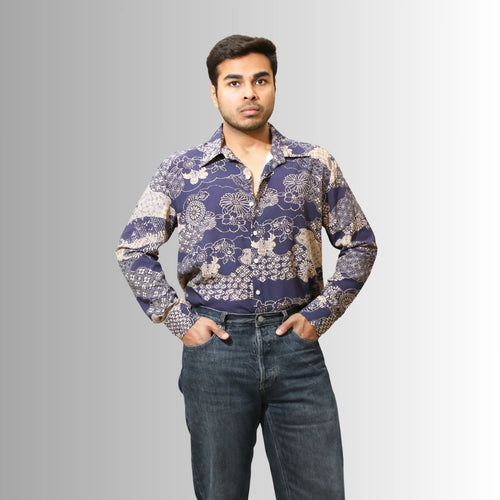 Men's Navy Floral Print Shirt | Indigo & Cream Traditional Design