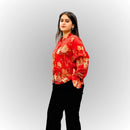 Women's Red Floral Print Shirt | Ruffle Sleeve & Collar Cotton Blouse