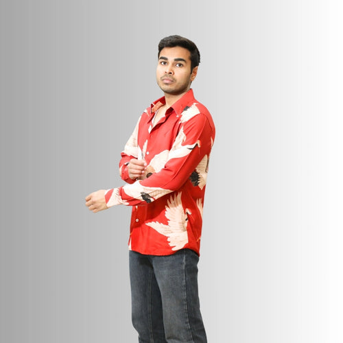 Deep Red Swan Print Resort Shirt