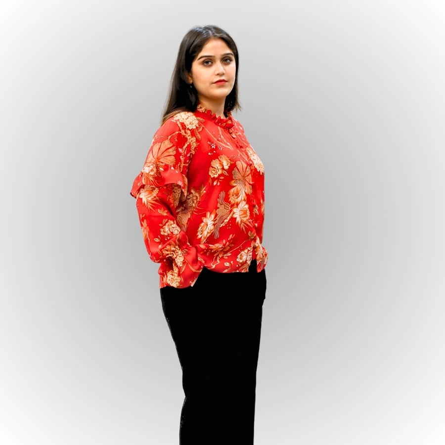 Women's Red Floral Print Shirt | Ruffle Sleeve & Collar Cotton Blouse