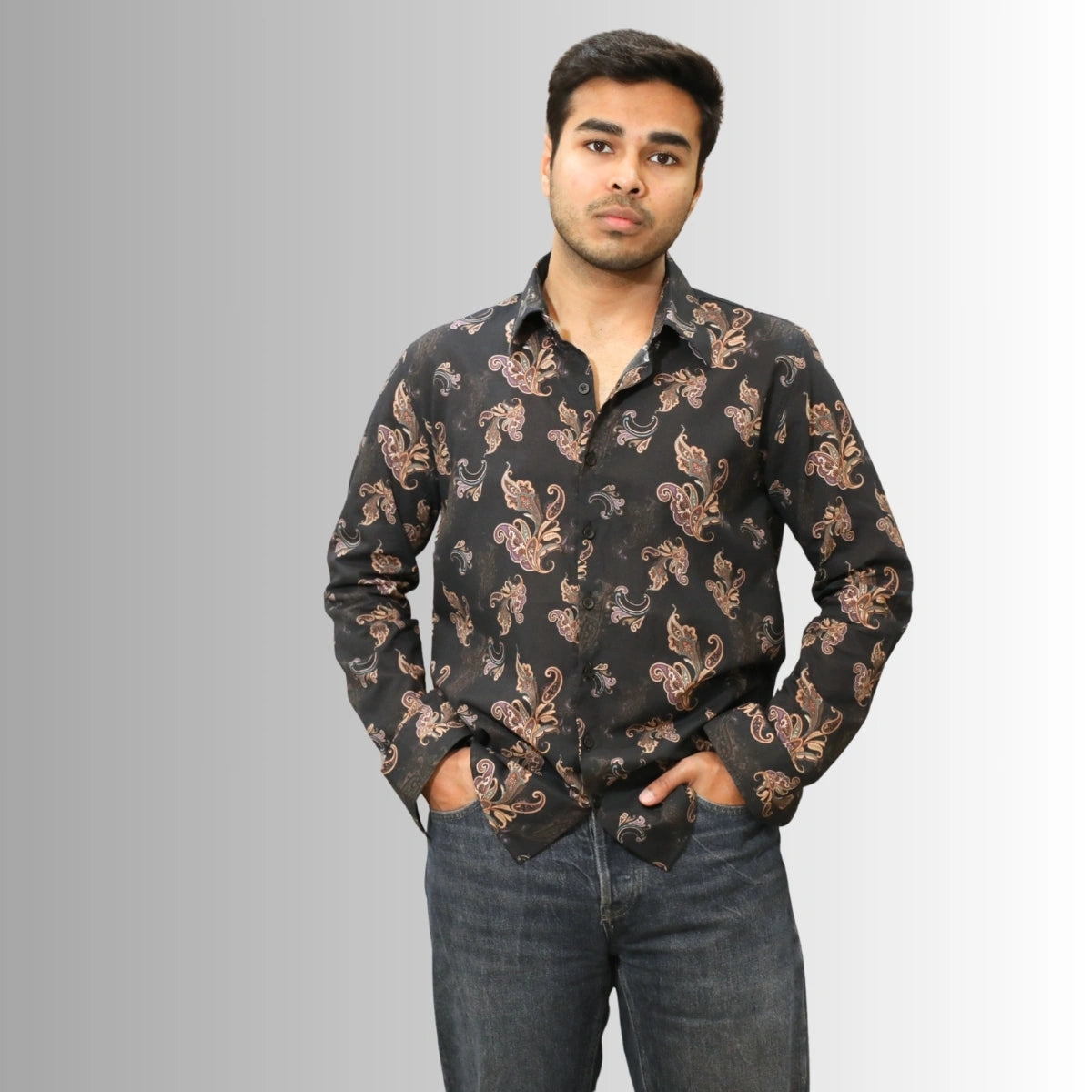 Men's Black Paisley Print Shirt | Cotton Evening Wear
