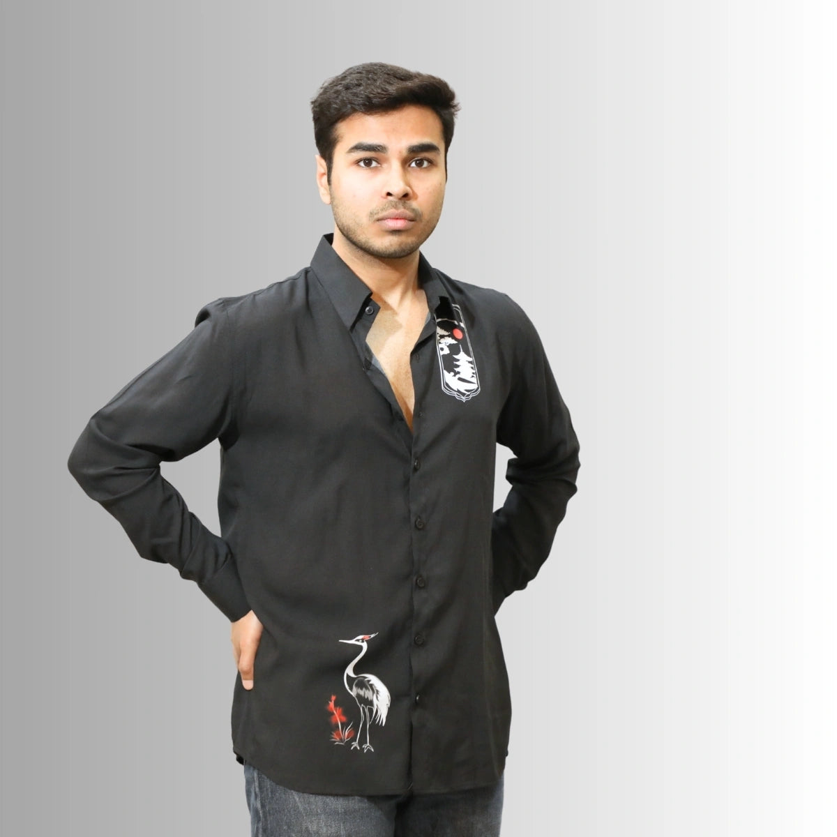 Black Crane Print Shirt Men's | Architectural White Motifs