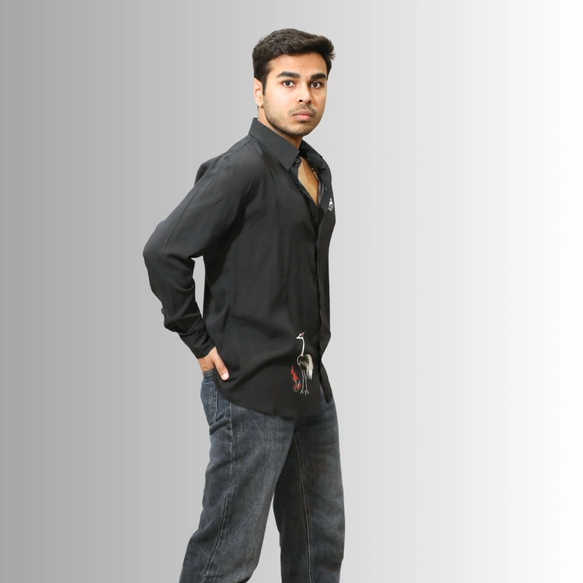 Black Crane Print Shirt Men's | Architectural White Motifs
