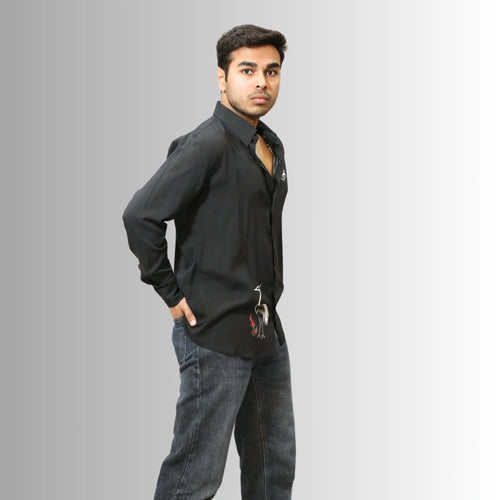 Black Crane Print Shirt Men's | Architectural White Motifs