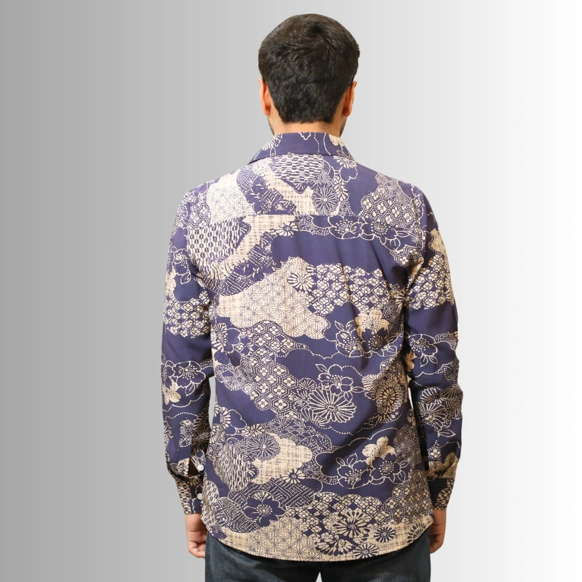 Men's Navy Floral Print Shirt | Indigo & Cream Traditional Design