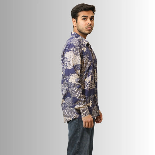 Men's Navy Floral Print Shirt | Indigo & Cream Traditional Design