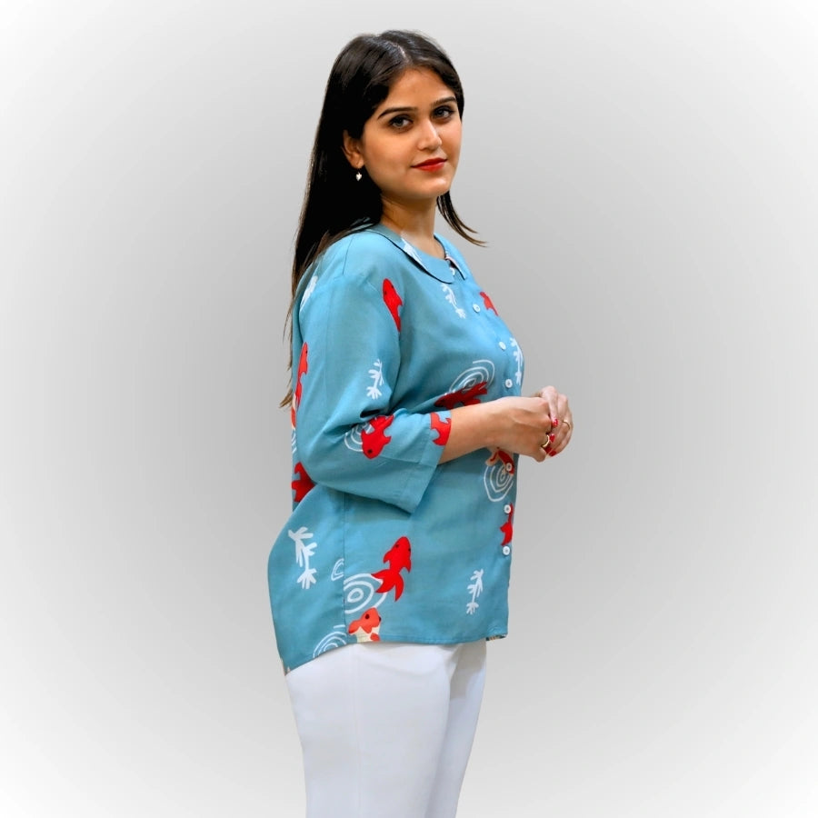Women's Sky Blue Abstract Print Shirt | Viscose Top