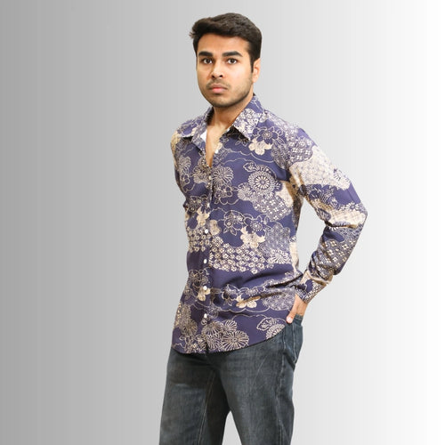 Men's Navy Floral Print Shirt | Indigo & Cream Traditional Design