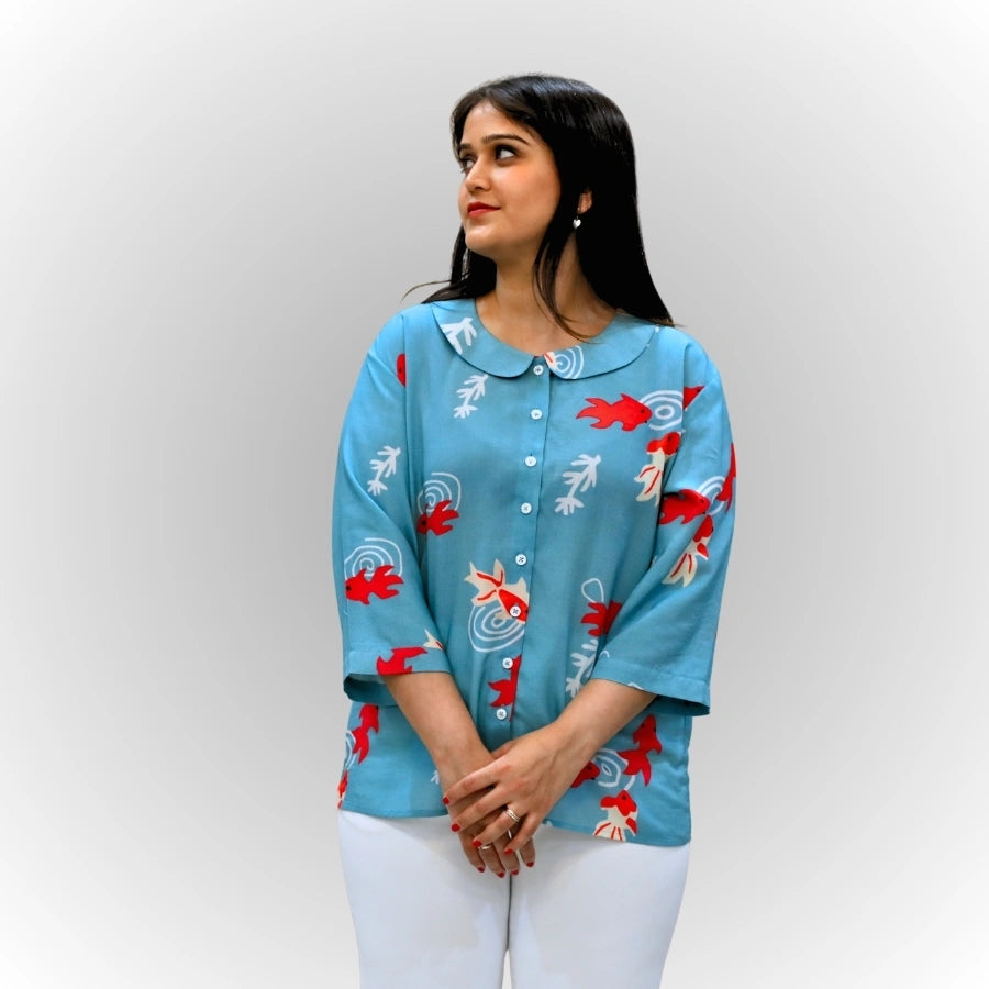 Women's Sky Blue Abstract Print Shirt | Viscose Top