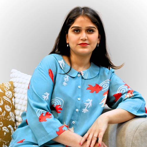 Women's Sky Blue Abstract Print Shirt | Viscose Top