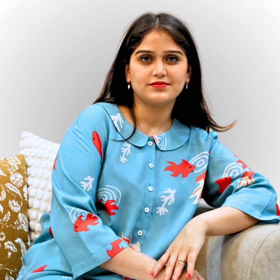 Women's Sky Blue Abstract Print Shirt | Viscose Top