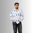 Men's White Japanese Print Shirt | Paneled Cultural Illustration Design
