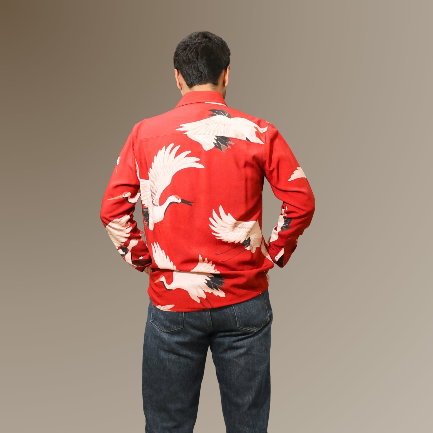 Deep Red Swan Print Resort Shirt