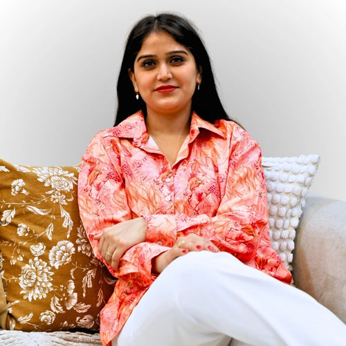 Women's Peach Floral Print Shirt | Viscose Relaxed Fit Blouse