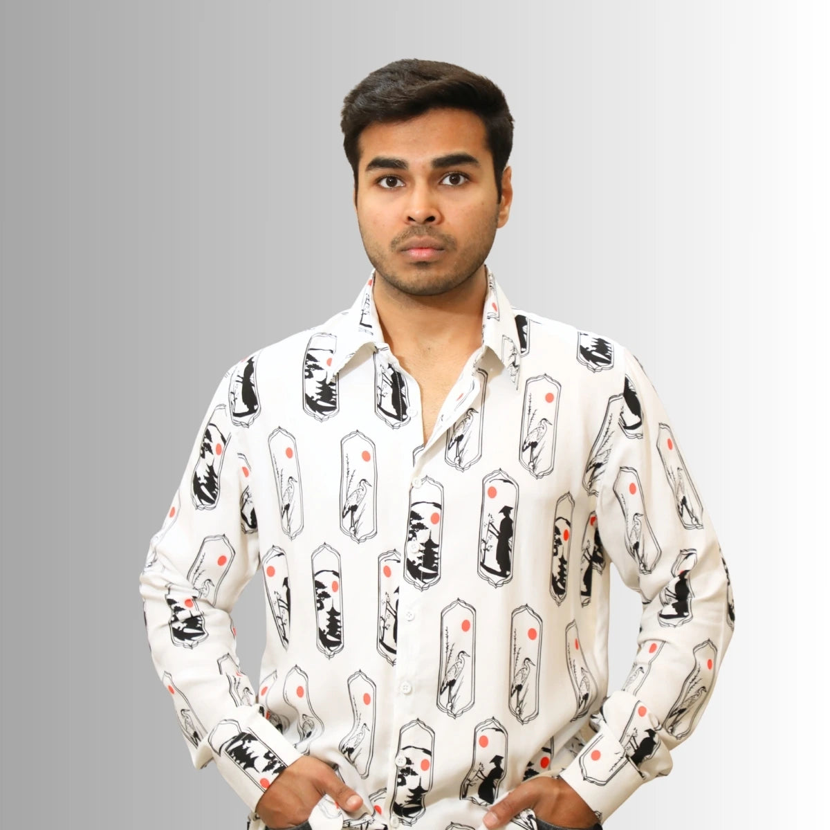 Men's White Japanese Print Shirt | Paneled Cultural Illustration Design