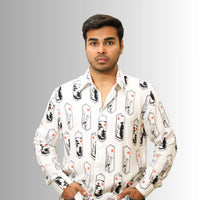 Men's White Japanese Print Shirt | Paneled Cultural Illustration Design