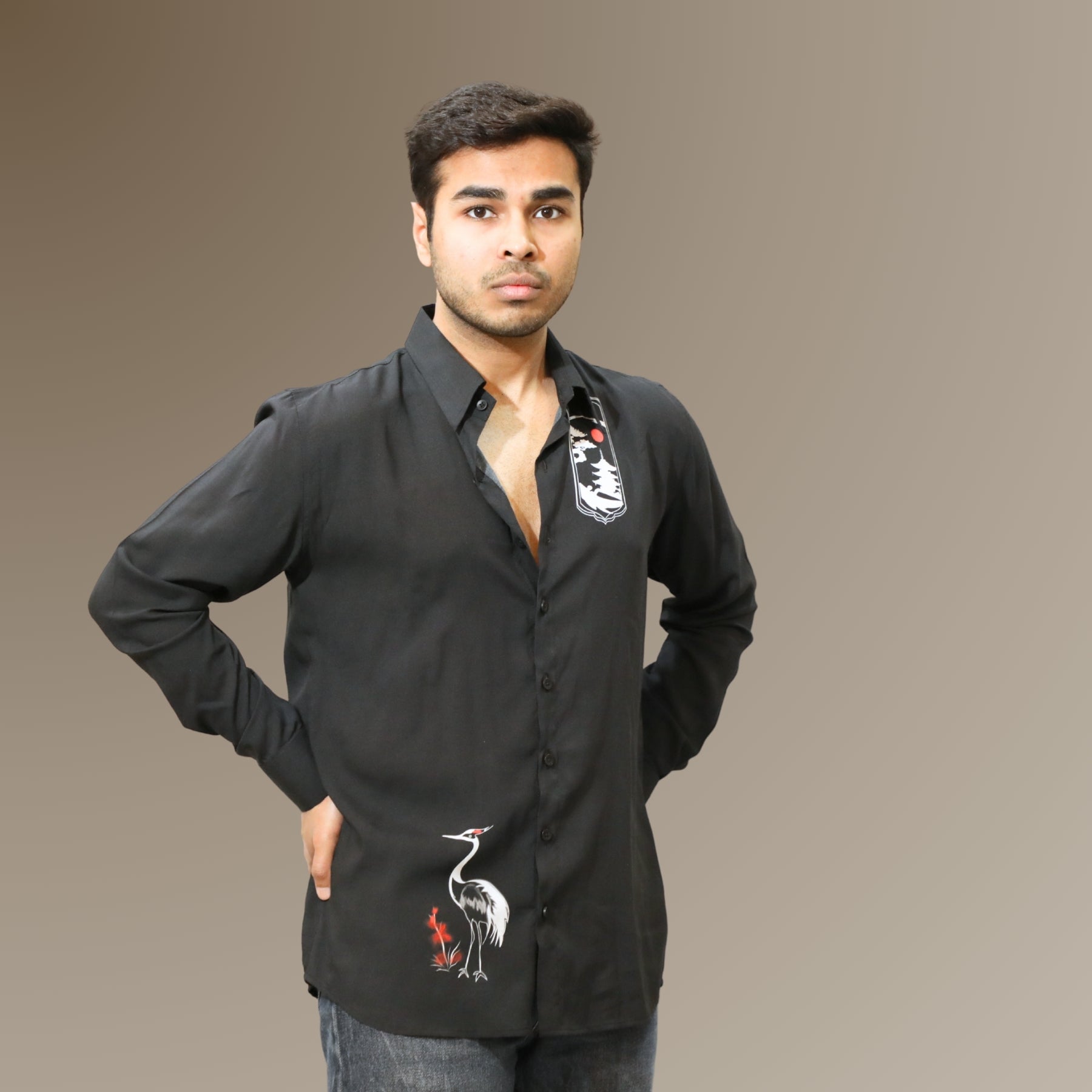 Black Crane Motif Shirt