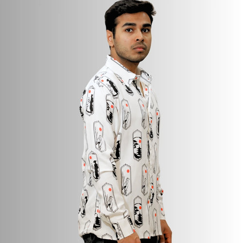 Men's White Japanese Print Shirt | Paneled Cultural Illustration Design