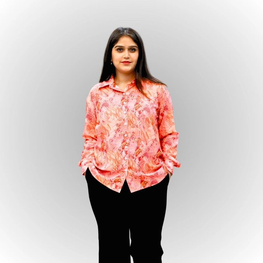 Women's Peach Floral Print Shirt | Viscose Relaxed Fit Blouse
