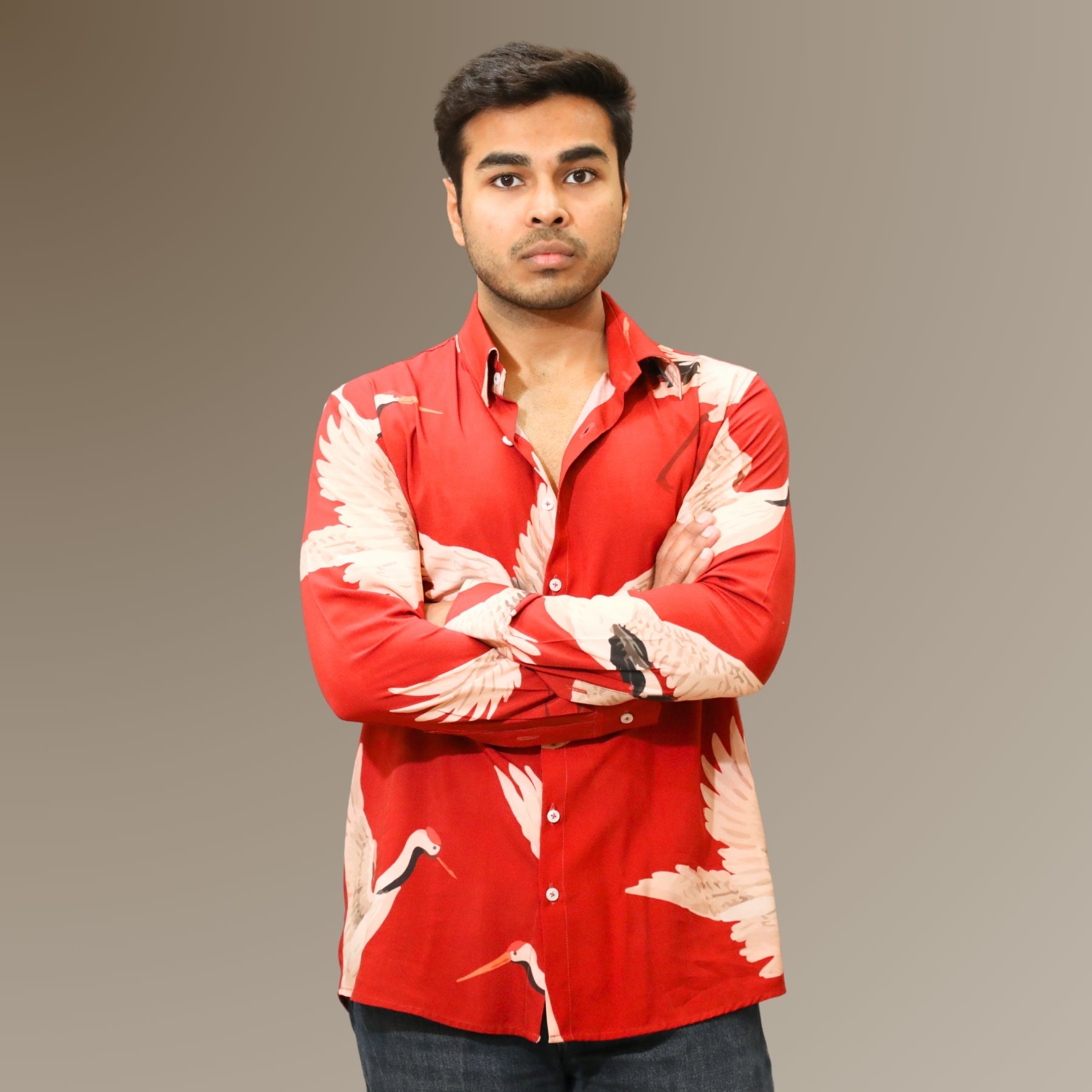 Deep Red Swan Print Resort Shirt