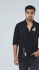 Black Crane Print Shirt Men's | Architectural White Motifs