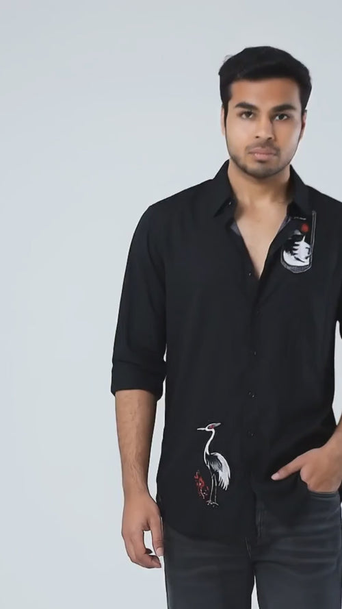 Black Crane Print Shirt Men's | Architectural White Motifs